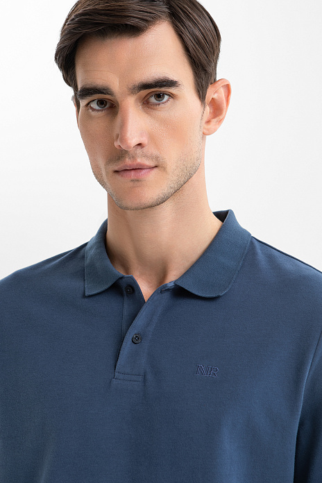 Лонгслив поло из хлопка, цвет Голубой темный