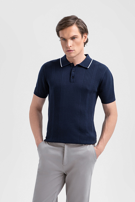 Поло из хлопка, шелка и льна, цвет Синий темный